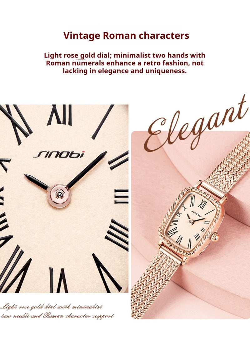 SINOBI Wheat Pattern Steel Strap Rose Gold Square Quartz Women's Small Square Watch - Image 4