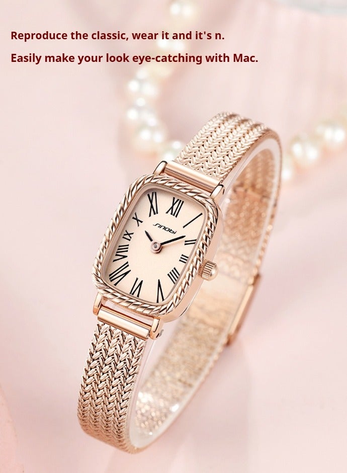 SINOBI Wheat Pattern Steel Strap Rose Gold Square Quartz Women's Small Square Watch - Image 5
