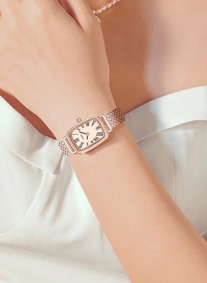 SINOBI Wheat Pattern Steel Strap Rose Gold Square Quartz Women's Small Square Watch - Image 2