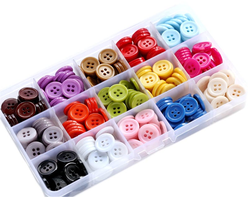 GANSSIA GANSSIA 58 Inch 15mm 15 Colors Assorted Buttons for Sewing Flatback Button Multicolors 4 Holes Buttons for DIY Decoration Craft Pack of 300 PCS with Box 