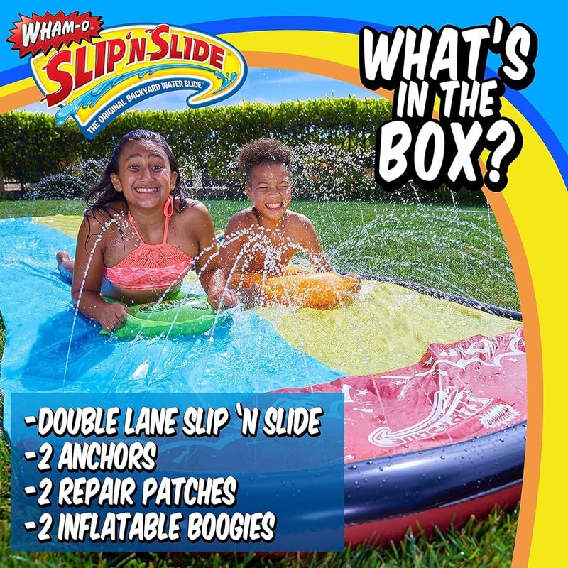وامو Wham-O Slip N Slide منزلق مائي مزدوج للعشب بطول 16 قدم مع ممر رشاش ولوحين قابلين للنفخ، منزلقات فائقة الانزلاق لأنشطة المياه الخارجية الصيفية في الفناء الخلفي - Image 4
