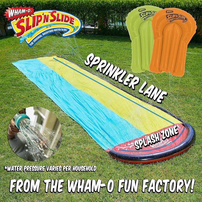 وامو Wham-O Slip N Slide منزلق مائي مزدوج للعشب بطول 16 قدم مع ممر رشاش ولوحين قابلين للنفخ، منزلقات فائقة الانزلاق لأنشطة المياه الخارجية الصيفية في الفناء الخلفي - Image 3