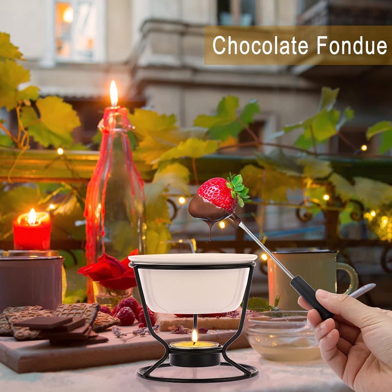 BSTKEY Ceramic Butter Warmer Set, Fondue Pot Melting Pot Set, Melt Hot Pot Round Bowl Set For Cheese Chocolate Butter Caramel, with 2 Dipping Forks - Image 4