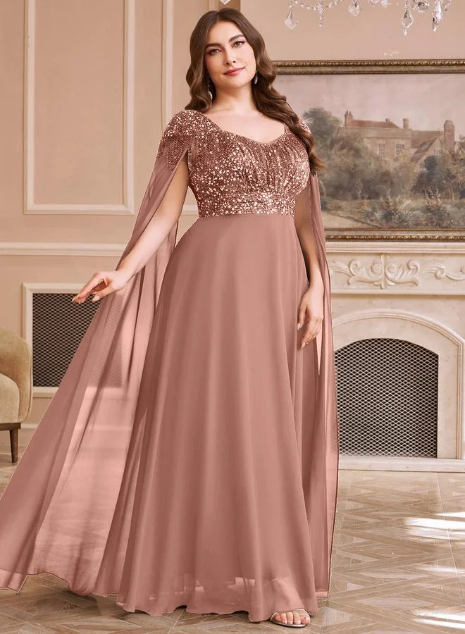 Supgir Plus Size Coffee Brown Sequined Chiffon A-Line Maxi Dress
