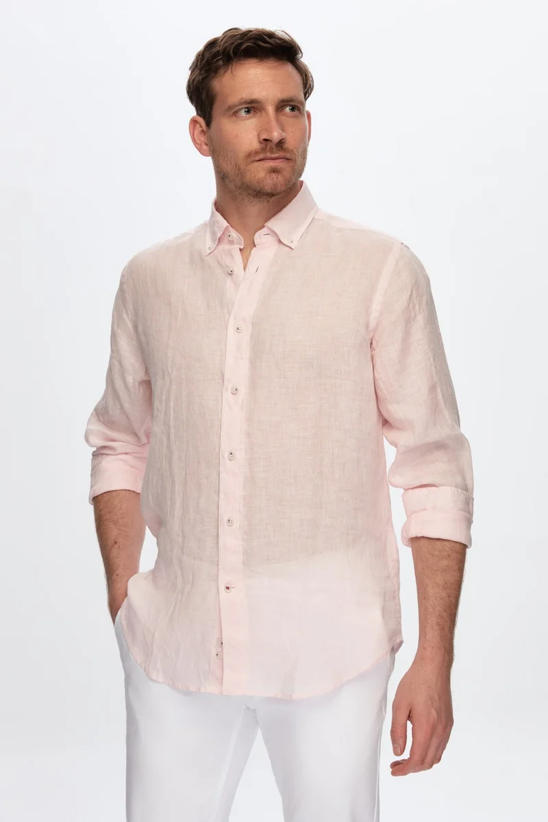 دي أس دامات D'S Groom Slim Fit Pink Plain Linen Shirt 0DC02SG12227M