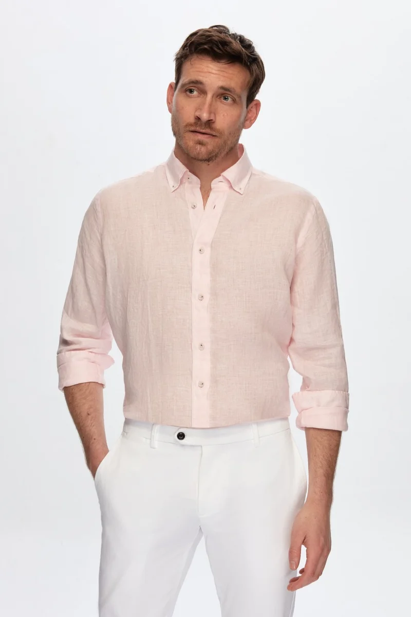 دي أس دامات D'S Groom Slim Fit Pink Plain Linen Shirt 0DC02SG12227M