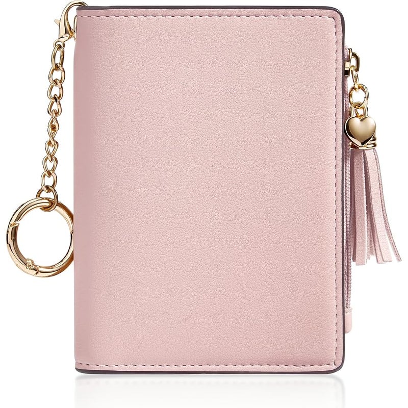 Gostwo Wallet Women, Bifold Leather Small Wallets Woman, Slim RFID Credit Card Wallet with ID Window and Zippered Coin Pocket, Cute Small Wallet with Tassel for Girls Teens Ladies, Pink - Image 1