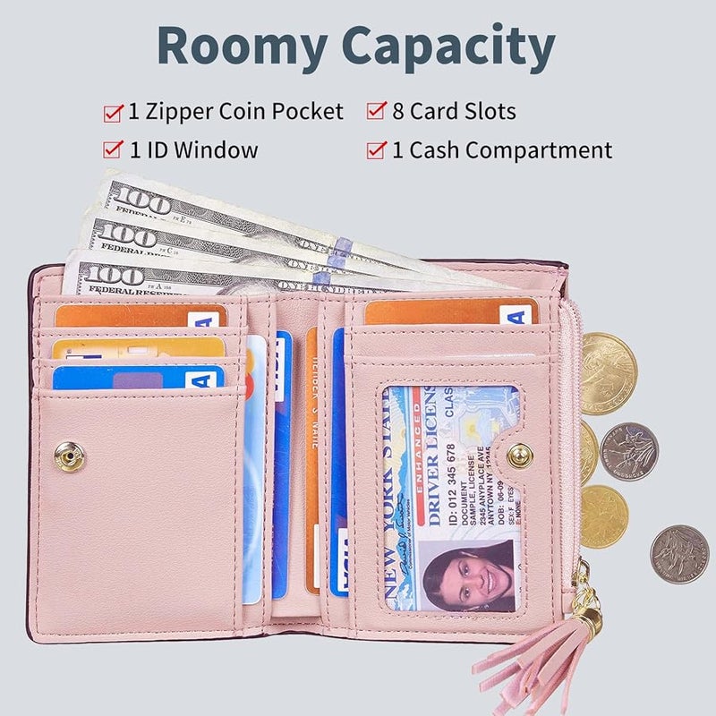 Gostwo Wallet Women, Bifold Leather Small Wallets Woman, Slim RFID Credit Card Wallet with ID Window and Zippered Coin Pocket, Cute Small Wallet with Tassel for Girls Teens Ladies, Pink - Image 3