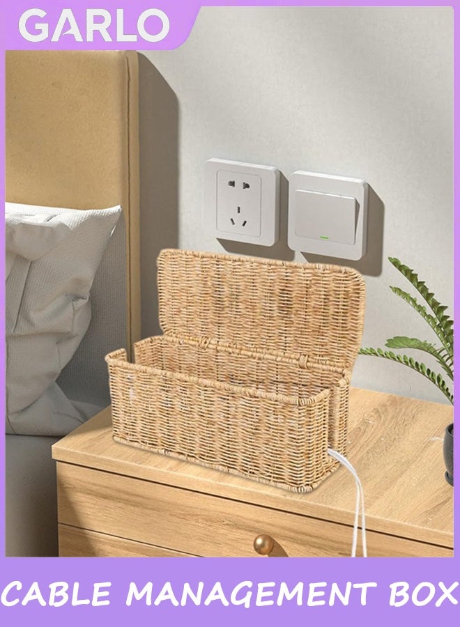 Garlo Cable Management Box, Handmade Rattan Cable Organizer, 2 Open Slots Cords Hider Box, Under Desk Cord Organizer for Computer Router Power Strip - Image 2