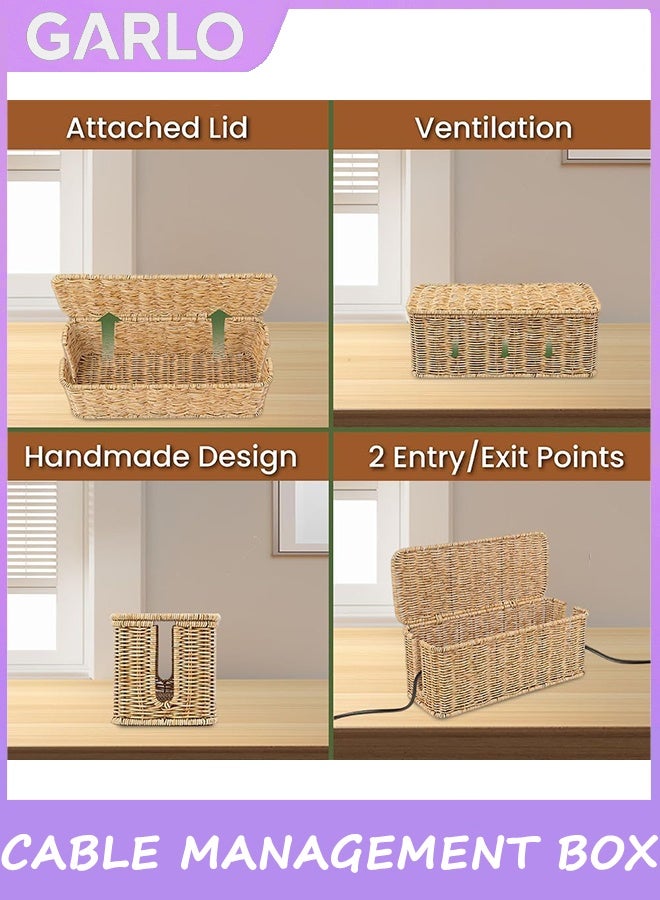 Garlo Cable Management Box, Handmade Rattan Cable Organizer, 2 Open Slots Cords Hider Box, Under Desk Cord Organizer for Computer Router Power Strip - Image 3