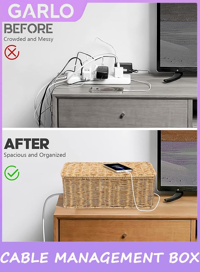 Garlo Cable Management Box, Handmade Rattan Cable Organizer, 2 Open Slots Cords Hider Box, Under Desk Cord Organizer for Computer Router Power Strip - Image 5
