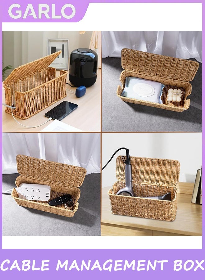 Garlo Cable Management Box, Handmade Rattan Cable Organizer, 2 Open Slots Cords Hider Box, Under Desk Cord Organizer for Computer Router Power Strip - Image 4