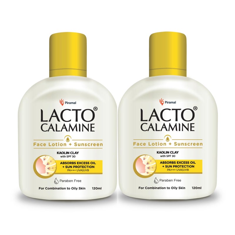 Lacto Calamine Sunscreen Lotion with SPF 30 120ml each Pack of 2 UVA UVB PA Kaolin Clay Zinc Oxide Daily Face Moisturizer For Oily Skin Lightweight NonGreasy Face Body Lotion - Image 1