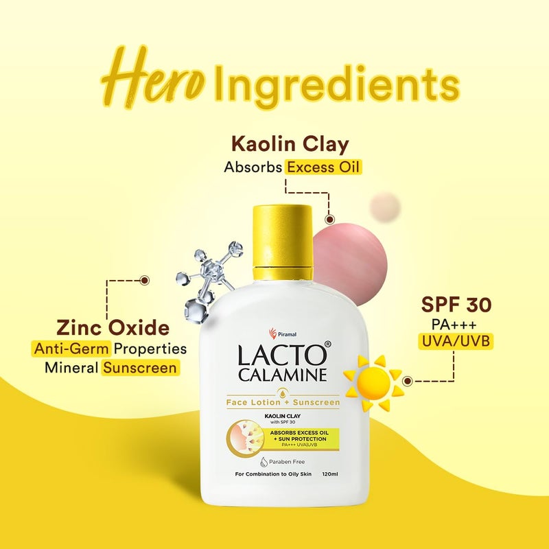 Lacto Calamine Sunscreen Lotion with SPF 30 120ml each Pack of 2 UVA UVB PA Kaolin Clay Zinc Oxide Daily Face Moisturizer For Oily Skin Lightweight NonGreasy Face Body Lotion - Image 3
