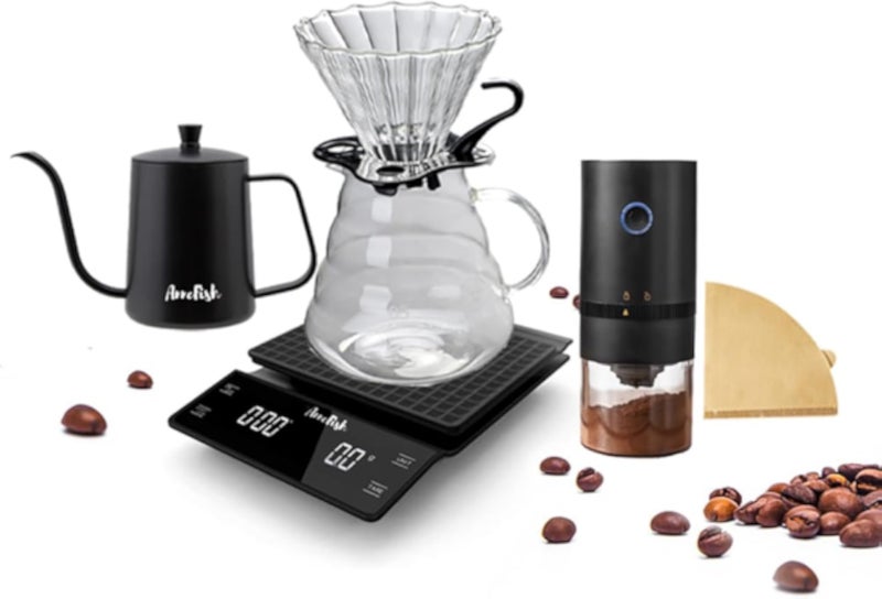 مجموعة آنفيش V60 لتحضير القهوة بالتنقيط، تتضمن 6 قطع، وماكينة تحضير القهوة اليدوية، وإبريق قهوة، وإبريق قهوة بفتحة دقيقة، وورق ترشيح، وميزان إلكتروني (مجموعة هدايا، 6 قطع)