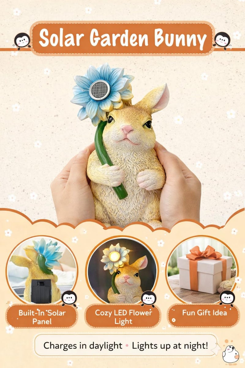 GoGnome Solar Bunny Garden Statue with LED Flower â€“ Hand-Painted Resin Rabbit Figurine, Outdoor Solar Light Decor for Yard, Patio, Porch, Lawn (Rabbit) - Image 4