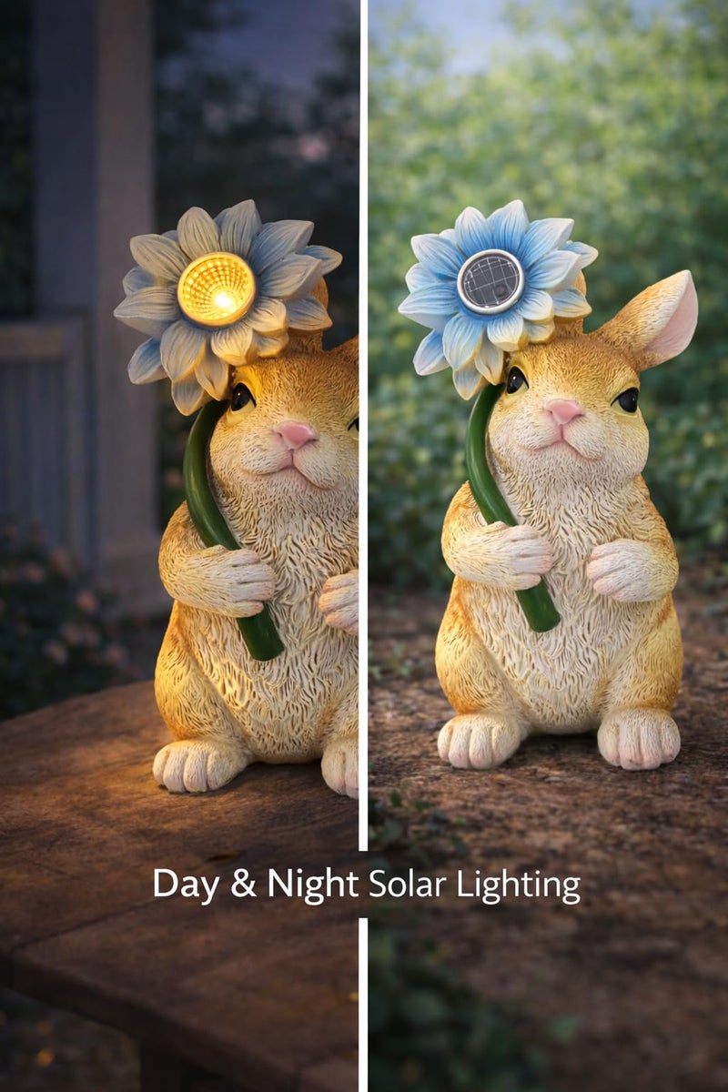 GoGnome Solar Bunny Garden Statue with LED Flower â€“ Hand-Painted Resin Rabbit Figurine, Outdoor Solar Light Decor for Yard, Patio, Porch, Lawn (Rabbit) - Image 3