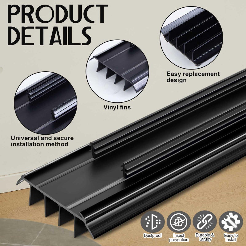 Pushglossy 2 Pcs Kerf Style Door Bottom 36" Long 1 3/4" Wide Replacement Threshold Seal with Vinyl Fins Weatherstrip Draft Stopper for Interior Exterior Doors(Black) - Image 3