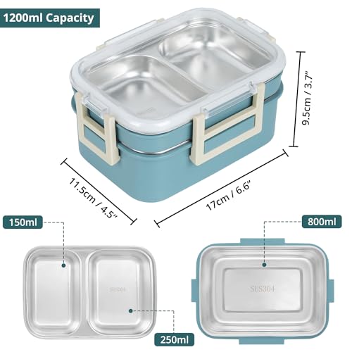 ABOUT SPACE Lunch Box - 2 Tier Compartment 1200ml Insulated Tiffin Box with Silicon Gaskets Lid, No Leak-Proof Diet Food Partition Stainless Steel Bento Box for Men,Women,Kids. - Blue - Image 2
