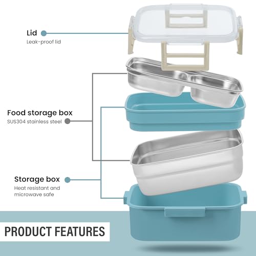 ABOUT SPACE Lunch Box - 2 Tier Compartment 1200ml Insulated Tiffin Box with Silicon Gaskets Lid, No Leak-Proof Diet Food Partition Stainless Steel Bento Box for Men,Women,Kids. - Blue - Image 3