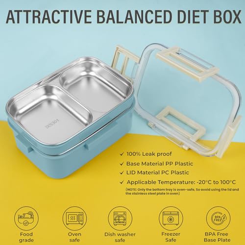 ABOUT SPACE Lunch Box - 2 Tier Compartment 1200ml Insulated Tiffin Box with Silicon Gaskets Lid, No Leak-Proof Diet Food Partition Stainless Steel Bento Box for Men,Women,Kids. - Blue - Image 5