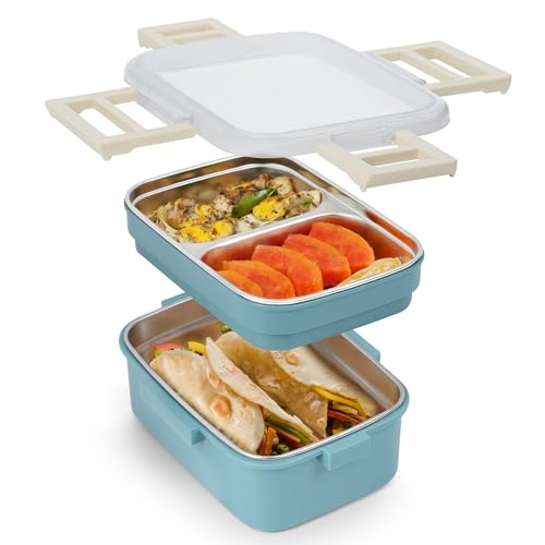 ABOUT SPACE Lunch Box - 2 Tier Compartment 1200ml Insulated Tiffin Box with Silicon Gaskets Lid, No Leak-Proof Diet Food Partition Stainless Steel Bento Box for Men,Women,Kids. - Blue - Image 1