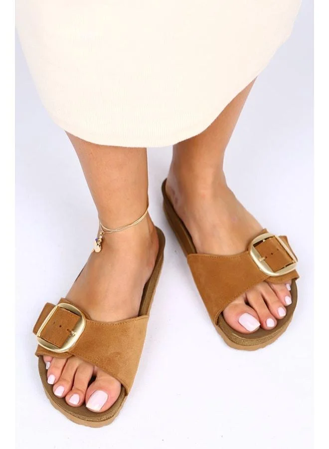 Jade Genuine Leather Single Strap Tan Slippers - Brown
