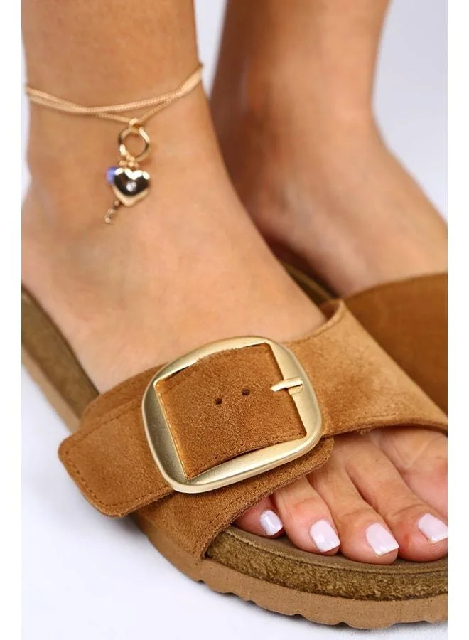 Manijero  Jade Genuine Leather Single Strap Tan Slippers - Brown for Women | Best Price UAE
