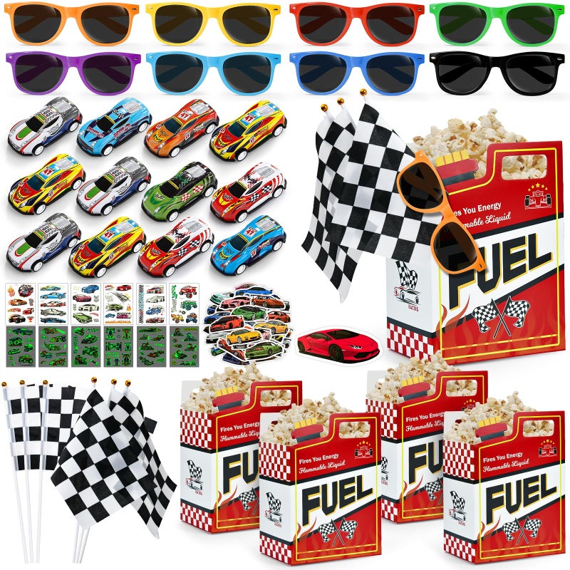 SNLN 120Pcs Race Car Party Favors Birthday Supplies, Gift Box Sunglasses Flag Mini Race Car Sticker Birthday Goodie Bag Stuffers Racing RaceCar-Themed Party Supplies Decorations for Boys Kids 3-5 4-8 - Image 1