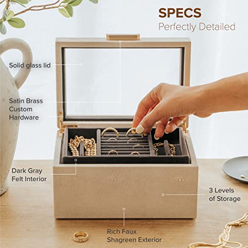 CASE ELEGANCE Petite 3 Tier Jewelry Box, Storage & Display Case for Bracelets Earrings Rings Necklaces, Accessory Organizer for Women Girls Wife, Shagreen Vegan Leather & Velvet Lined, Brass Hardware - Image 5