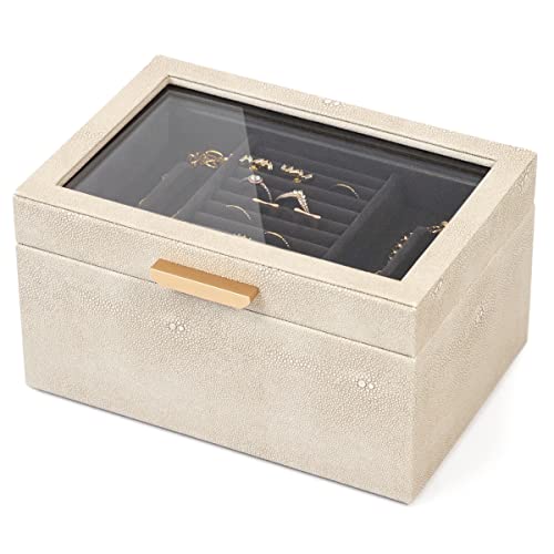 CASE ELEGANCE Petite 3 Tier Jewelry Box, Storage & Display Case for Bracelets Earrings Rings Necklaces, Accessory Organizer for Women Girls Wife, Shagreen Vegan Leather & Velvet Lined, Brass Hardware - Image 1