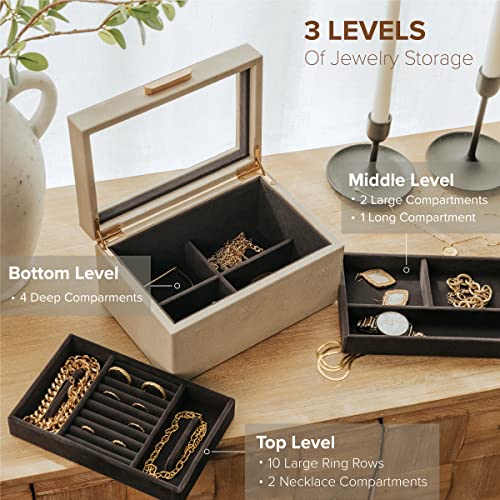 CASE ELEGANCE Petite 3 Tier Jewelry Box, Storage & Display Case for Bracelets Earrings Rings Necklaces, Accessory Organizer for Women Girls Wife, Shagreen Vegan Leather & Velvet Lined, Brass Hardware - Image 3
