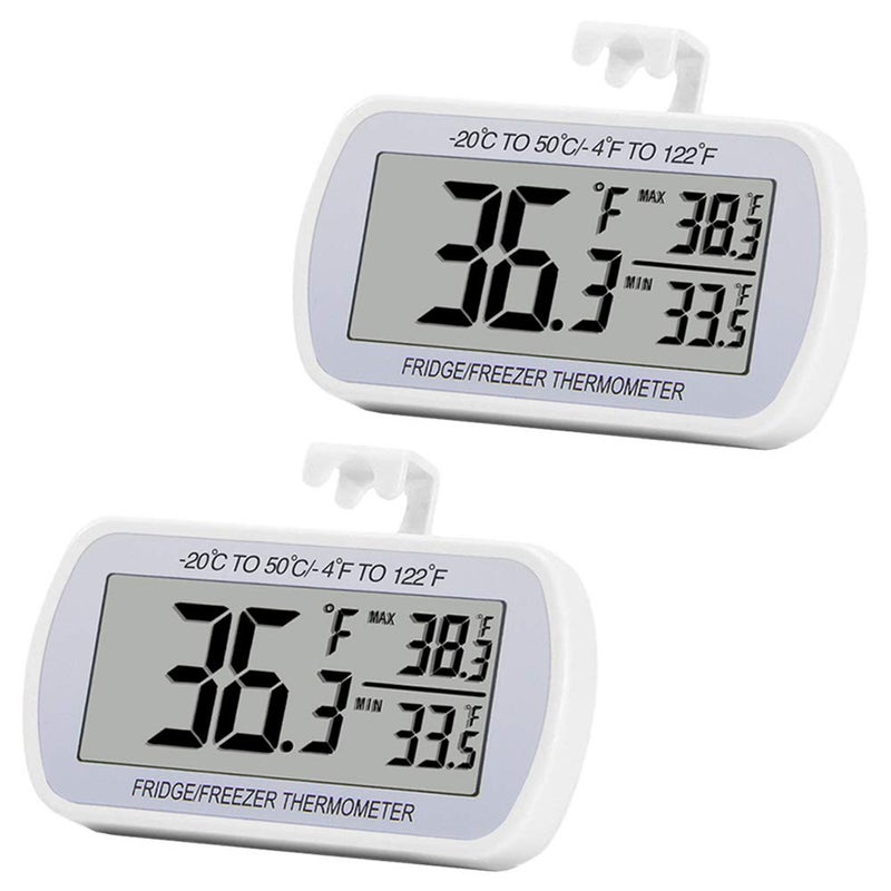 Digital Refrigerator Thermometer 2 Pack Fridge Freezer Room Thermometer Waterproof Large LCD Display MaxMin Record Function White