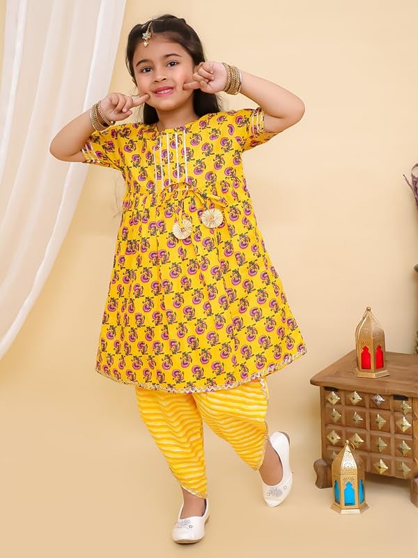Superminis Baby Girls Printed Frock Style Kurti with Dhoti Style Salwar Ethnic Dress (Yellow, 6-12 Months) - Image 2