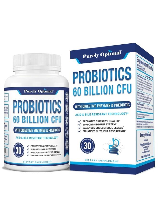 Purely Optimal Premium Probiotics 60 Billion CFU w/Organic Prebiotics & Digestive Enzymes - Image 1