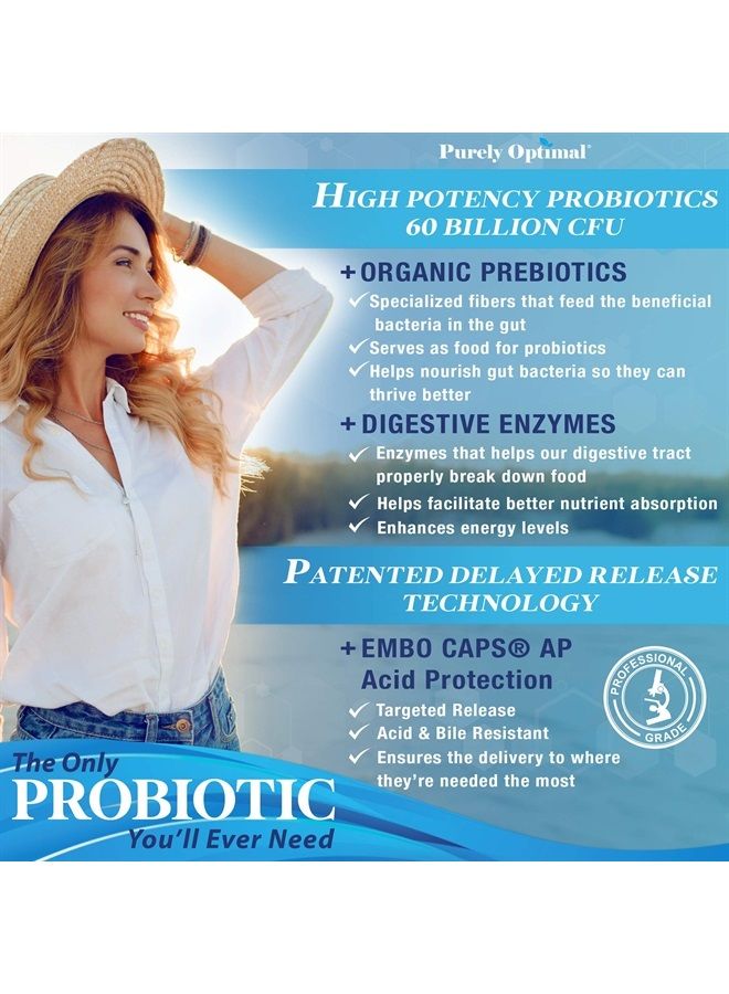 Purely Optimal Premium Probiotics 60 Billion CFU w/Organic Prebiotics & Digestive Enzymes - Image 4