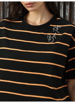 HIGH STAR Women's Black 100% Cotton Striped T-Shirt  - Image 3