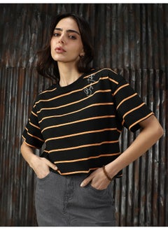 HIGH STAR Women's Black 100% Cotton Striped T-Shirt  - Image 1