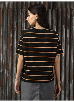 HIGH STAR Women's Black 100% Cotton Striped T-Shirt  - Image 5