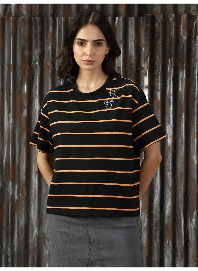 هاي ستار Women's Black 100% Cotton Striped T-Shirt