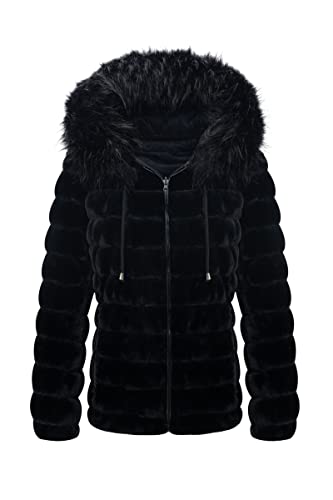 Bellivera Women Double Sided Faux Fur Jacket with Fur Collar, The Puffer Coat Worn on Both Sides 19225 Black M - Image 1