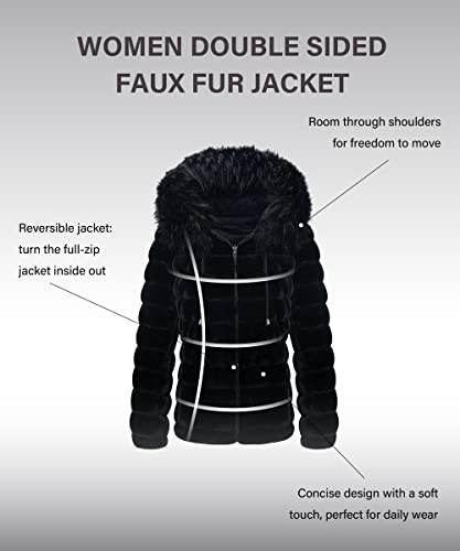 Bellivera Women Double Sided Faux Fur Jacket with Fur Collar, The Puffer Coat Worn on Both Sides 19225 Black M - Image 3