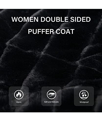 Bellivera Women Double Sided Faux Fur Jacket with Fur Collar, The Puffer Coat Worn on Both Sides 19225 Black M - Image 5