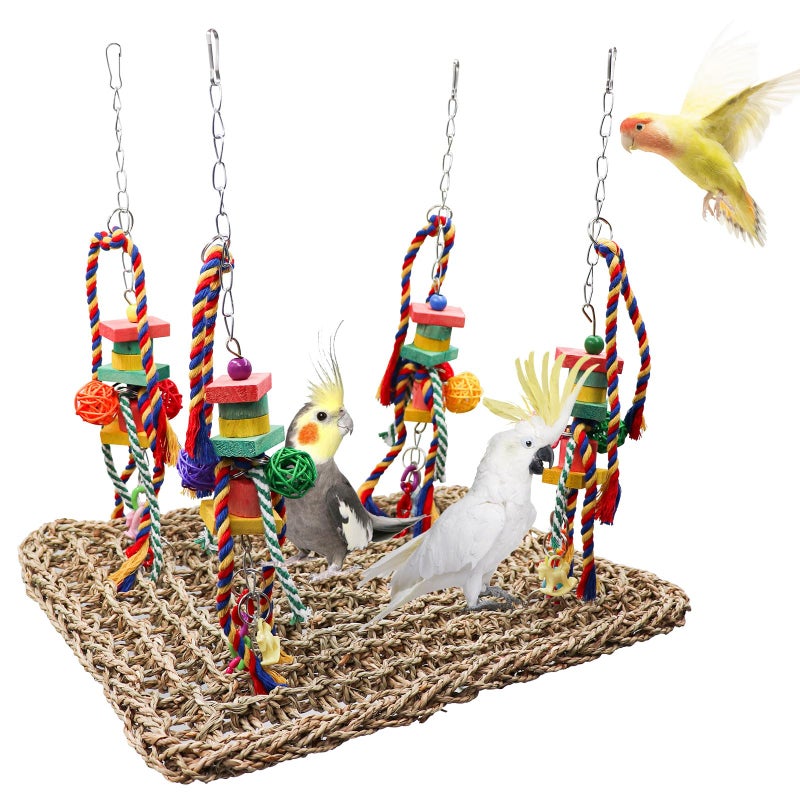 Oooct Large Bird Swing Toys, Colorful Parrot Seagrass Mat Hammock with Blocks, Bird Foraging Toy, Bird Cage Accessories, Suitable for Small to Medium Birds Parakeets Lovebirds Cockatiels 15.7 Ã— 11.8 Inches - Image 1