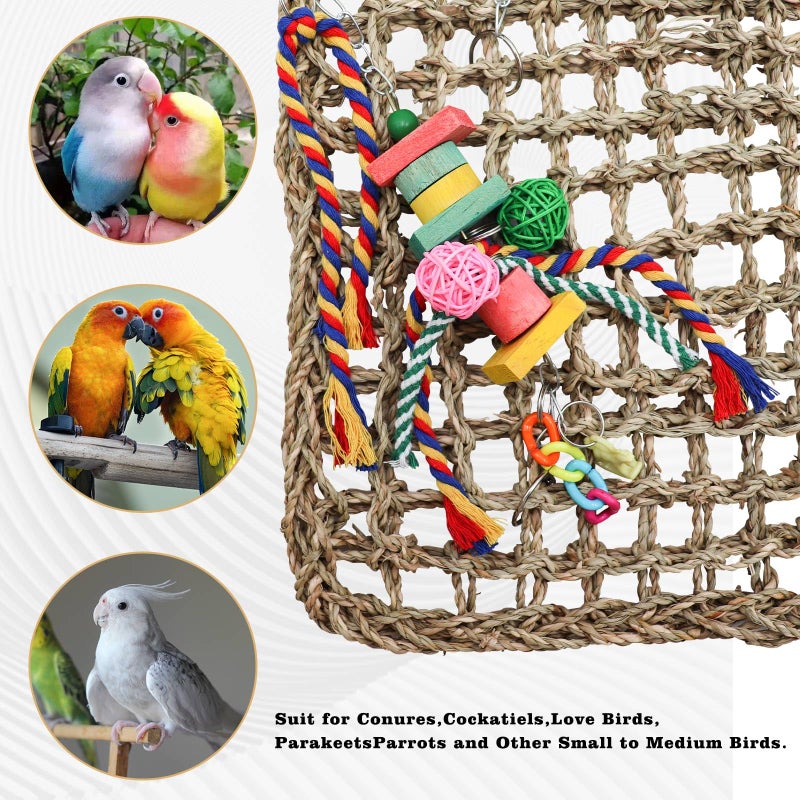 Oooct Large Bird Swing Toys, Colorful Parrot Seagrass Mat Hammock with Blocks, Bird Foraging Toy, Bird Cage Accessories, Suitable for Small to Medium Birds Parakeets Lovebirds Cockatiels 15.7 Ã— 11.8 Inches - Image 5