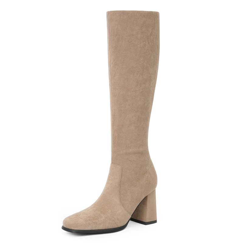 Modatope Khaki Suede Knee High Boots Women Chunky Heel Square Toe Tall Boots for Women High Heel Side Zipper Womens Heeled Tall Boots Size 7.5 - Image 1