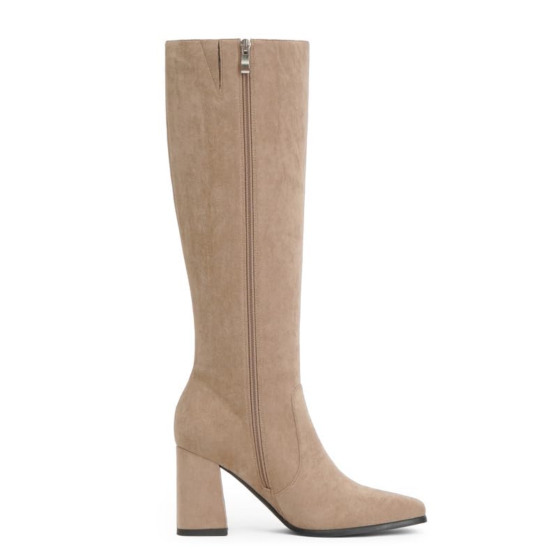 Modatope Khaki Suede Knee High Boots Women Chunky Heel Square Toe Tall Boots for Women High Heel Side Zipper Womens Heeled Tall Boots Size 7.5 - Image 4