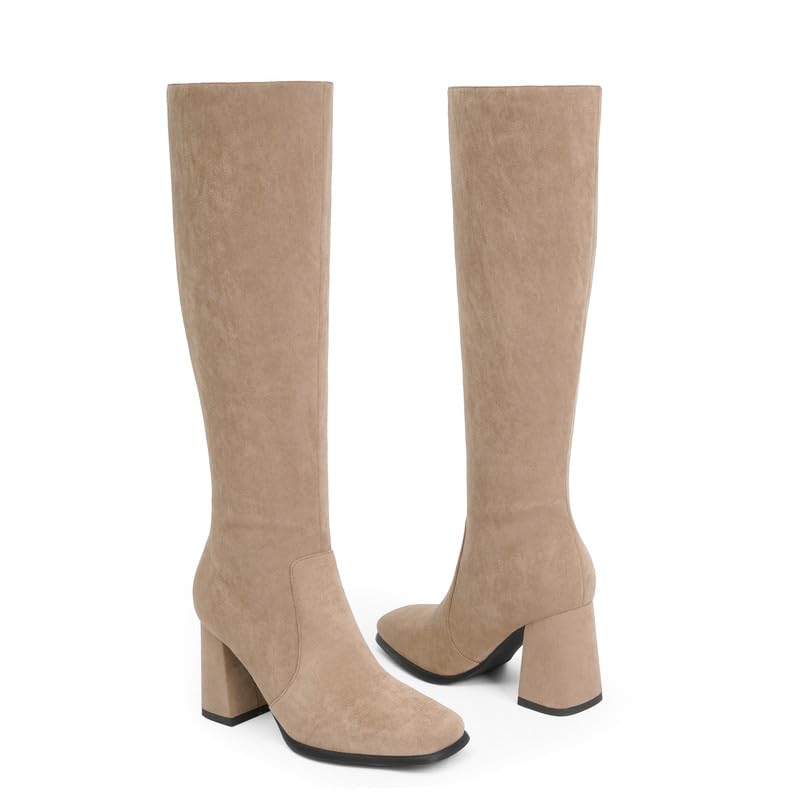 Modatope Khaki Suede Knee High Boots Women Chunky Heel Square Toe Tall Boots for Women High Heel Side Zipper Womens Heeled Tall Boots Size 7.5 - Image 5