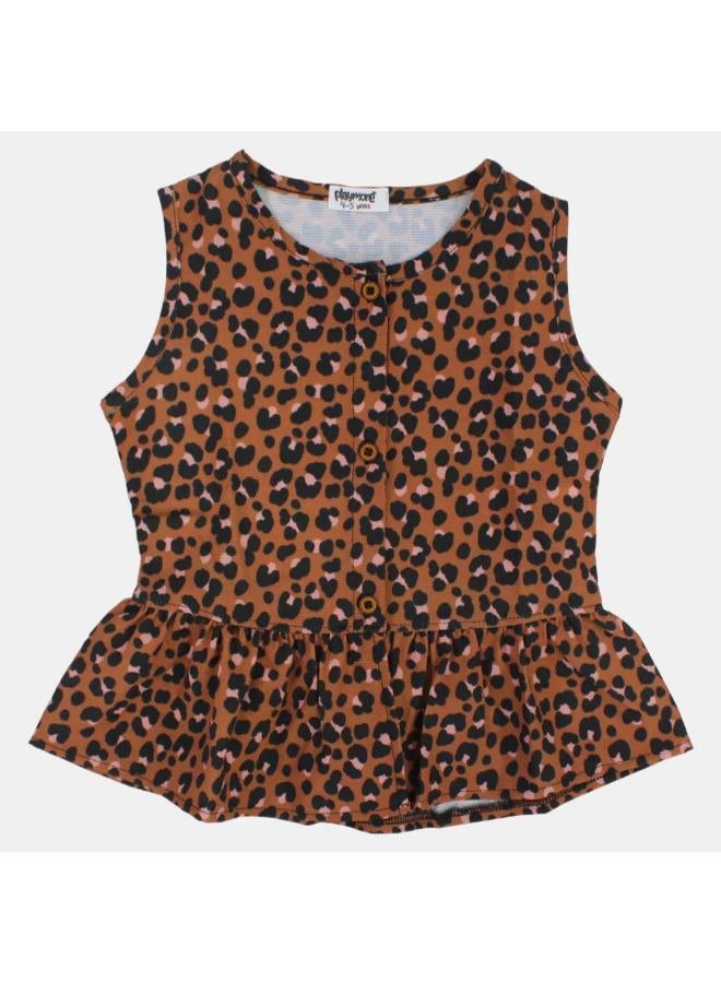 playmore Girls Sleeveless Blouse – Brown Leopard Print - Image 1