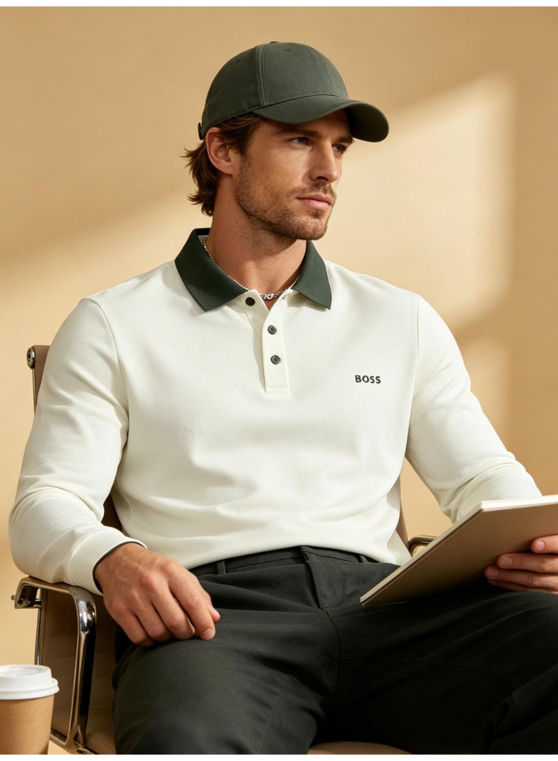 BOSS Men Long Sleeve Contrast Collar Polo Shirt Off White Dark Green - Image 1